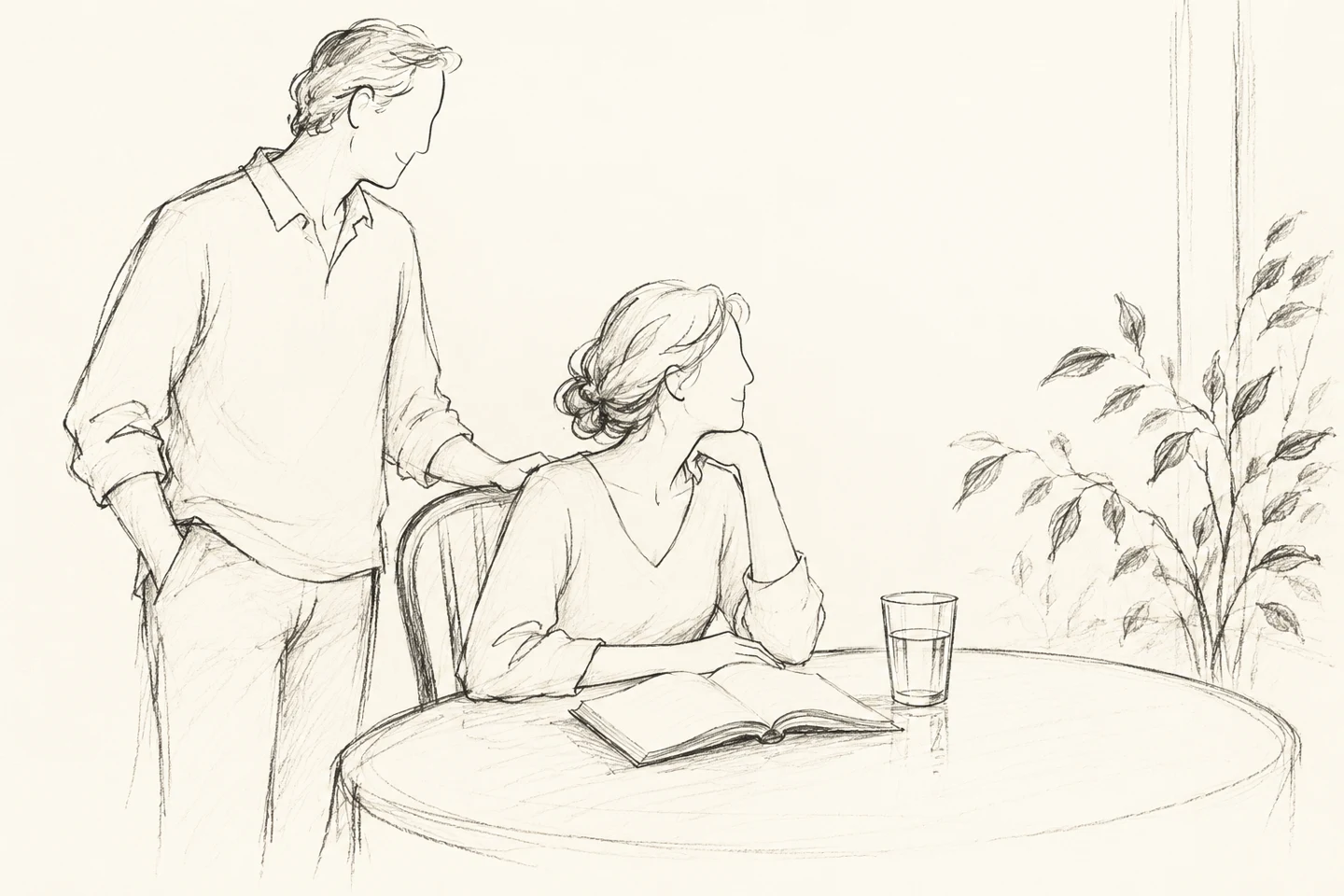 Pencil sketch of a person reading beside a glass of water, with a companion nearby