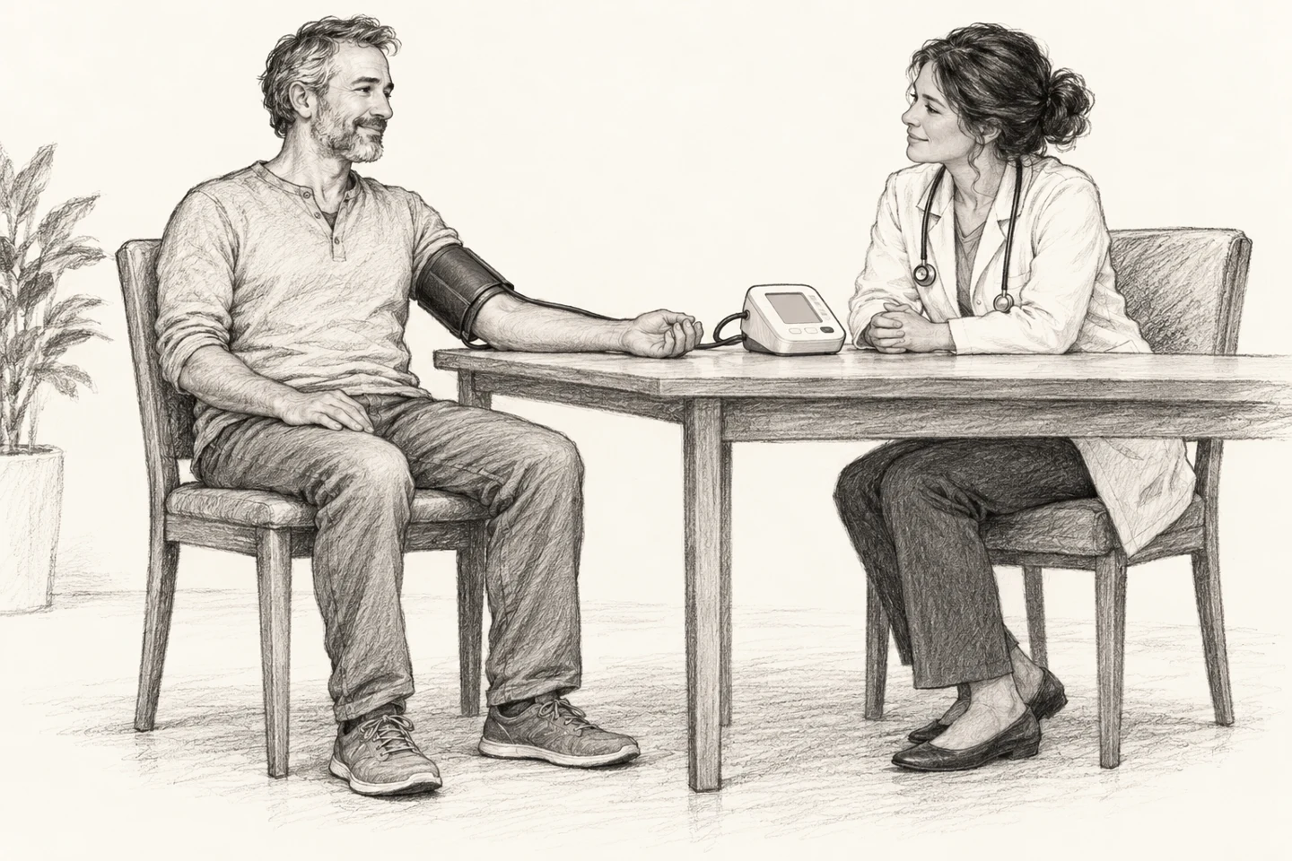 Pencil illustration of an adult checking blood pressure with a clinician